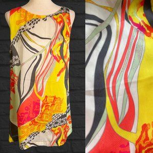 Miss Closet Sleeveless Colorful Patterned Shift Dress Size L High Neck Retro